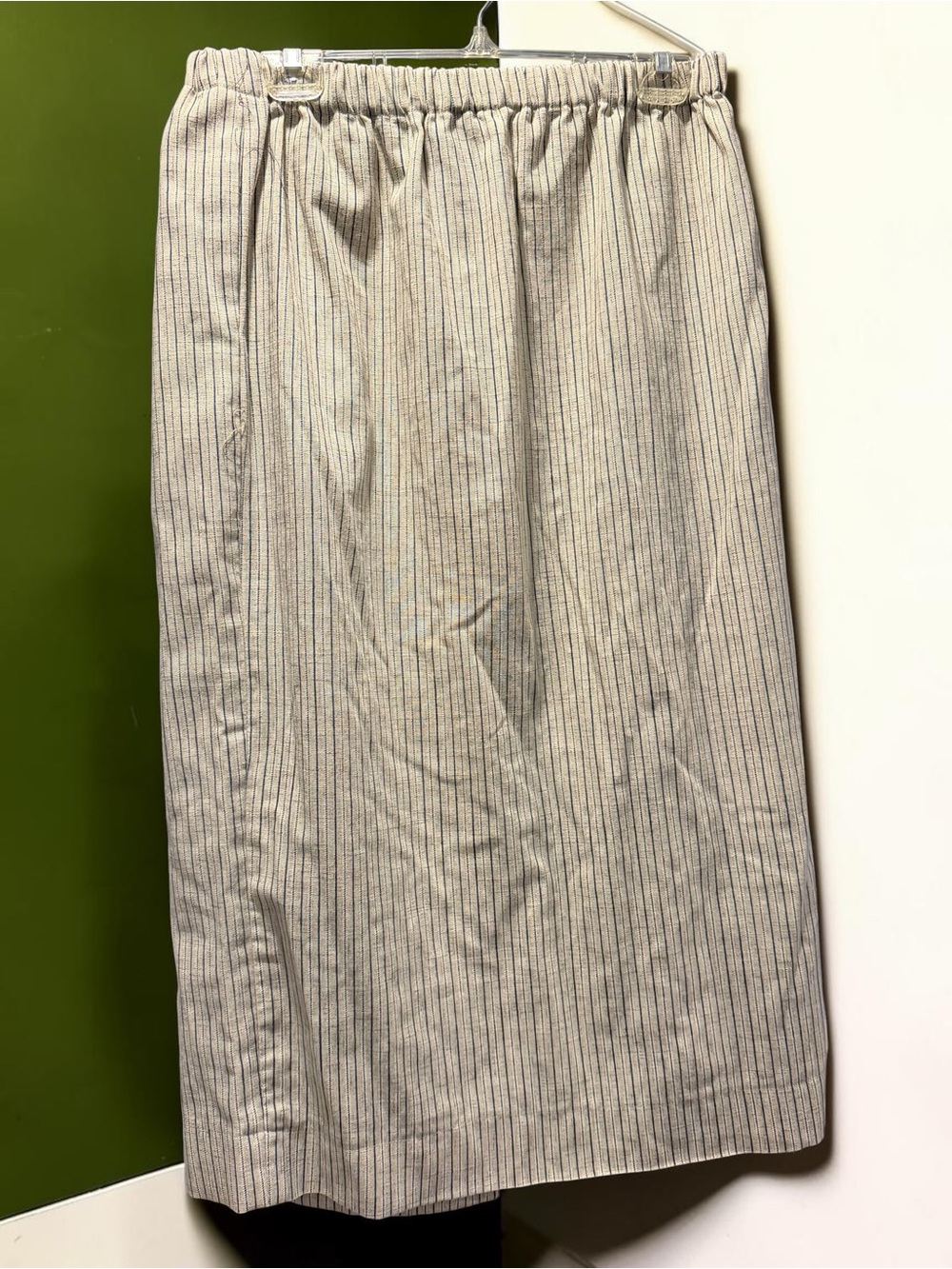 Vintage Handmade Beige Pinstripe Linen Blend Skirt Size 14/16 Elastic Waist